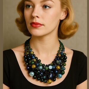 MCM CUSTOM WEST GERMANY RETRO BIB STYLE CLUSTER GLASS BEAD MULTICOLOR NECKLACE
